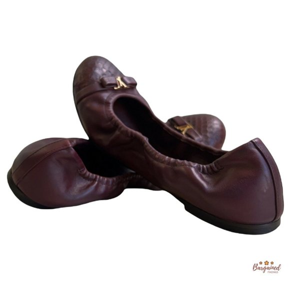 Authentic Louis Vuitton Maroon Leather Reptile Toe Bow Scrunch Ballet Flats 8 - Picture 12 of 13